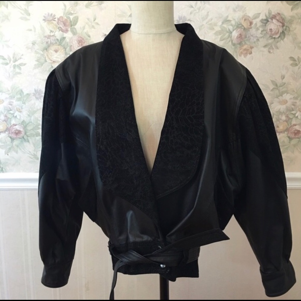 80s Vintage Black Leather Jacket with Belt